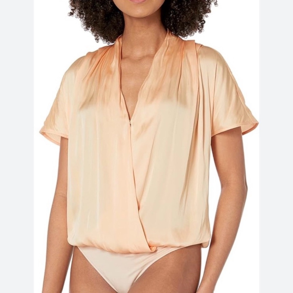 PAIGE Peach Satin Wrap Bodysuit Top
